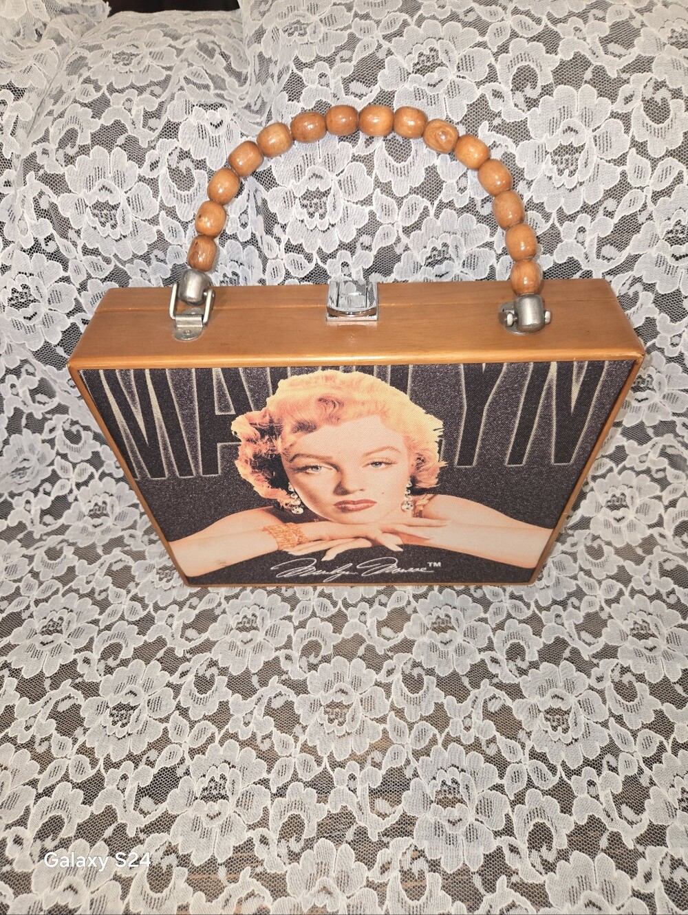 Vintage 7.5" Marilyn Munroe Wooden Handbag Purse Tote Cielo Creations Pre-own